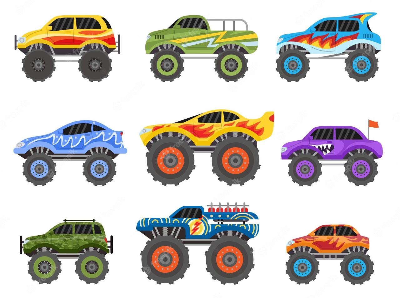 만화 몬스터 트럭 익스트림 오프로드 경주 용 자동차 화 염 Monstertruck 차량 큰 바퀴 타이어 벡터 세트와 평면 어린이 장난감  트럭 | 프리미엄 벡터